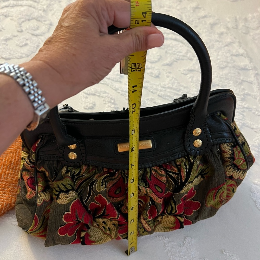 Isabella Fiore Satchel in red, green & black tapestry. Gold accents on outside.